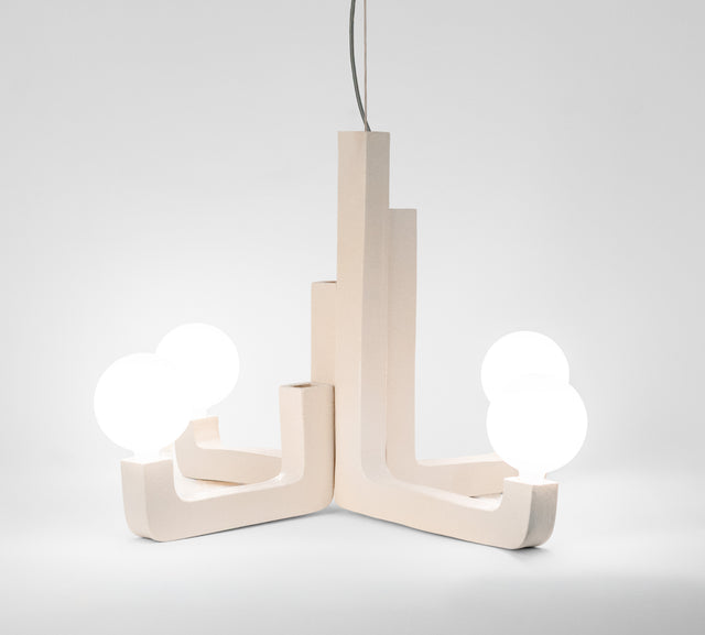 Four-arm white stoneware ceramic chandelier with frosted globes, J Schatz