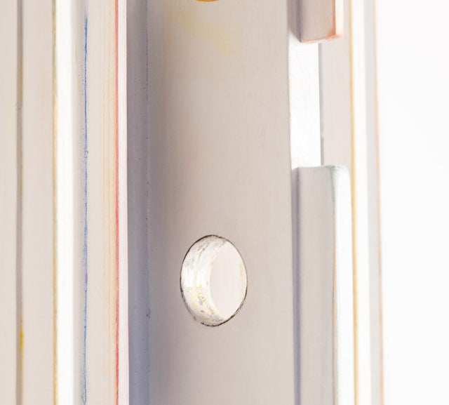 Wall sculpture, detail of painted forms along its vertical length, J Schatz