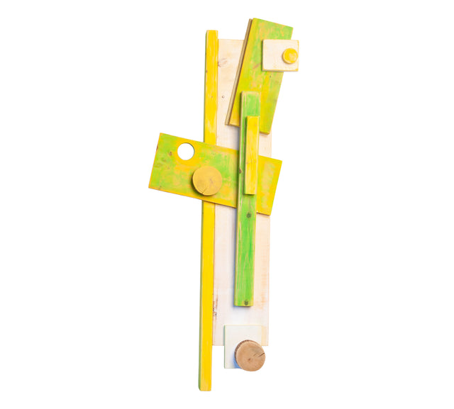 Wall-mounted wood sculpture with acrylic and watercolor wash across the assembled form, J Schatz