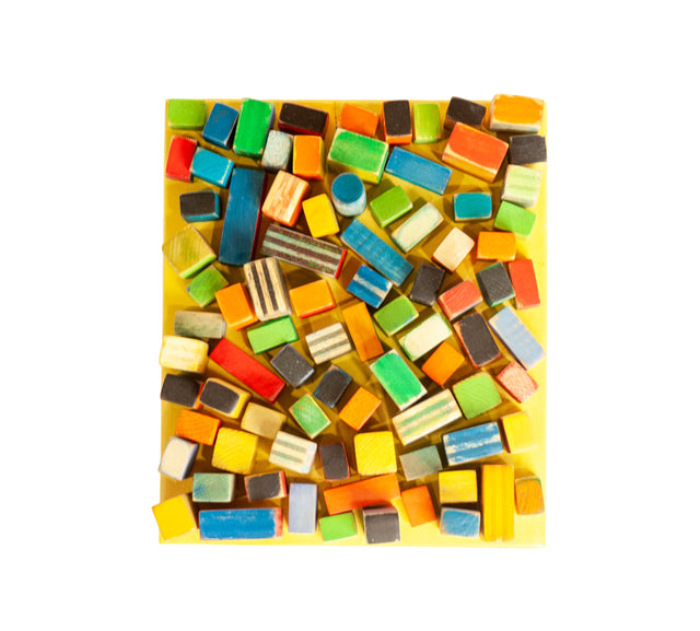 Wood, acrylic, and watercolor wall sculpture of painted forms, J Schatz
