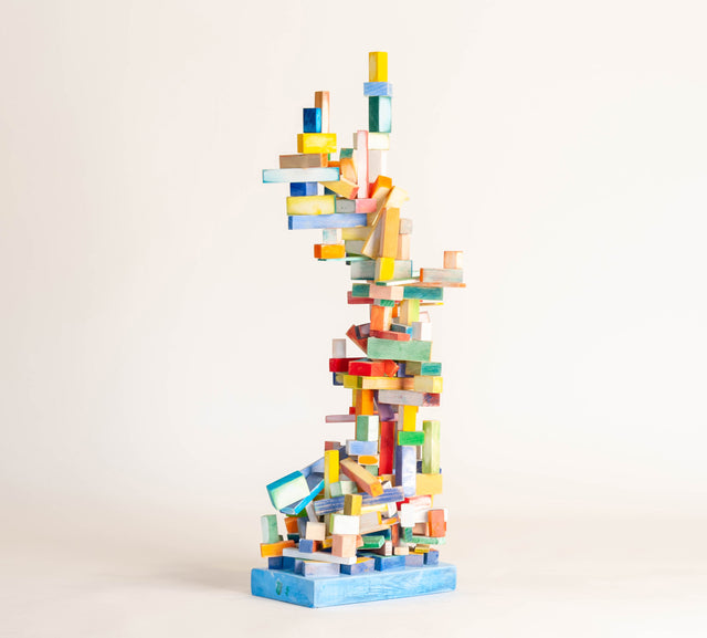 Vertical wood sculpture reading as both vessel and figure, painted surfaces and careful joins, J Schatz