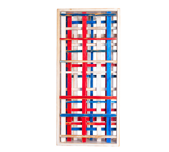 Wood, acrylic, and latex wall sculpture with stacked, stepped painted forms, J Schatz