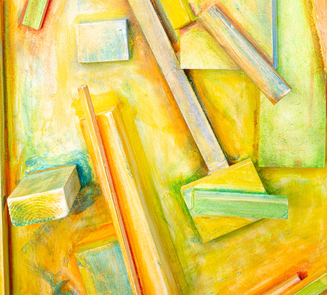 Detail of painted wood blocks and slats under a single wash of color, J Schatz