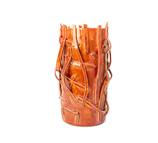 Tall rust-glazed white stoneware vessel built over with applied clay strips, by Peter Souza Jr., J Schatz