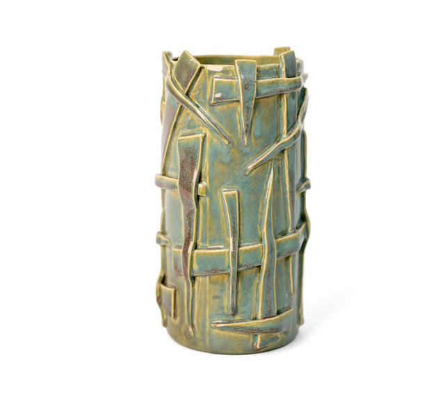 Tall sea-green glazed white stoneware vessel strapped with applied clay strips in a loose lattice, by Peter Souza Jr., J Schatz