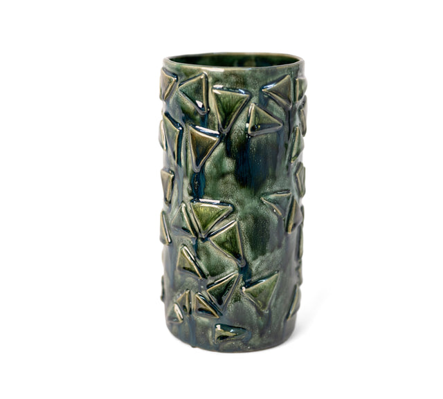 Tall deep green glazed white stoneware vessel scattered with applied clay triangles, by Peter Souza Jr., J Schatz