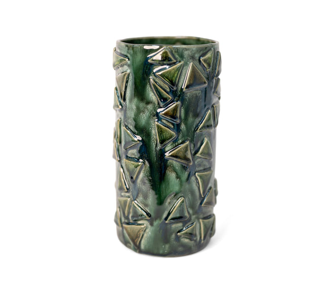 Deep green glazed stoneware vessel, alternate view of the triangles and glaze runs, by Peter Souza Jr., J Schatz