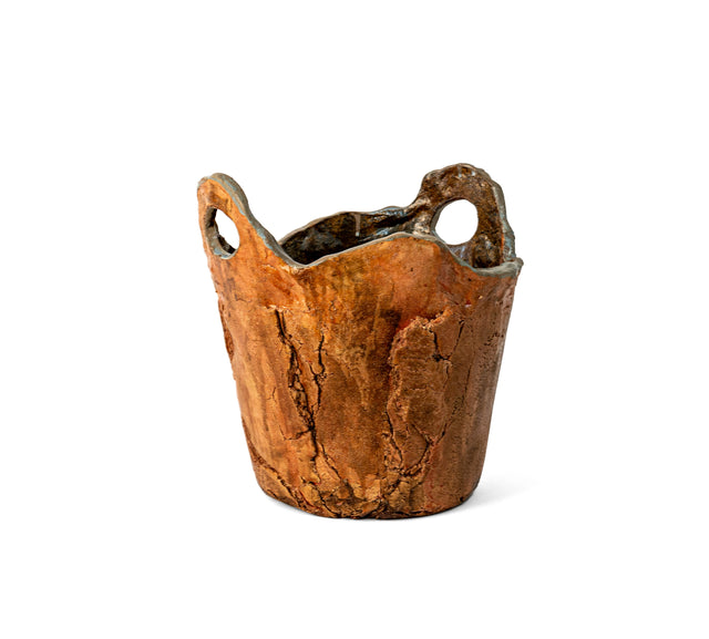 Rustic Container 3 by Jim Schatz — tall hand-built vessel with two looped handles and a crazed terracotta glaze, front view