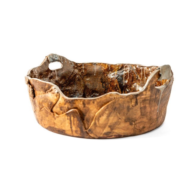 Rustic Container 4 by Jim Schatz — wide hand-built vessel with looped handles and a fissured terracotta surface, rust deepening over earthen orange