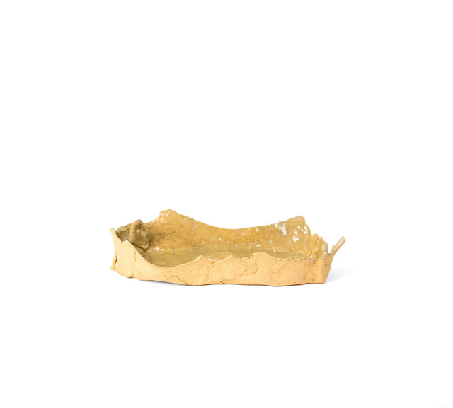 Slab-built stoneware bowl with torn rim, ochre glaze inside and raw speckled clay outside, J Schatz