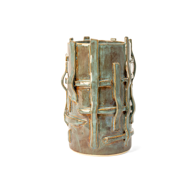 Stoneware vessel with applied clay strips under a mottled green glaze, J Schatz