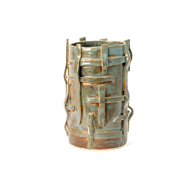 Stoneware vessel with applied clay strips under a mottled green glaze, alternate view, J Schatz