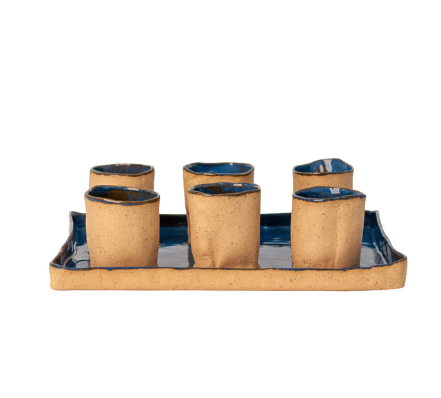 Cobalt blue ceramic tray and six cups serving set, J Schatz