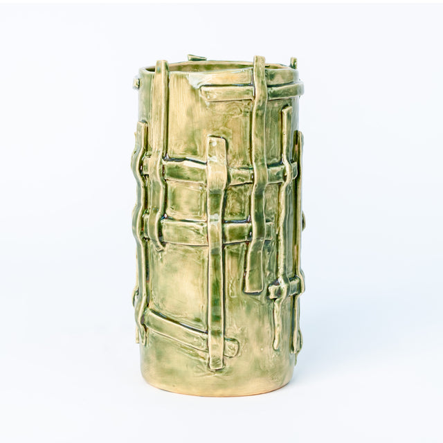 Green-glazed ceramic vessel, alternate view of the applied lattice, J Schatz
