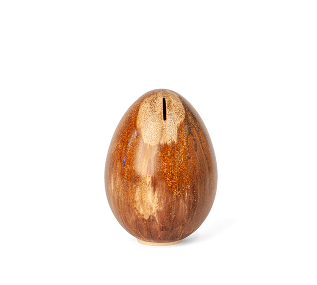 Rustic glaze ceramic egg bank, coin slot at top, J Schatz