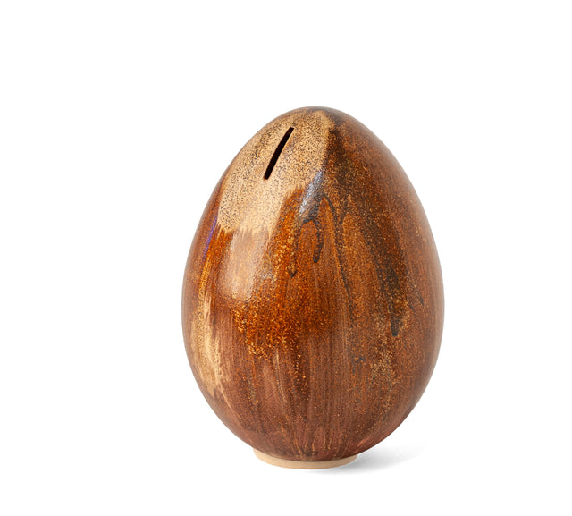 Rustic glaze ceramic egg bank, three-quarter view, J Schatz
