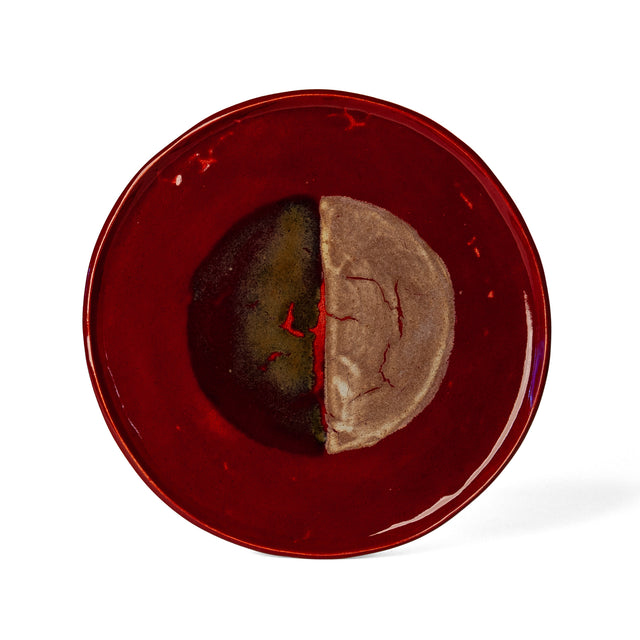 Geometria Platter 12/43 over 59 — one-of-a-kind hand-built stoneware platter in deep oxblood red with a split half-moon composition in dusty rose and olive-bronze, hand-glazed in Detroit by J Schatz.