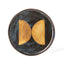Geometria Platter 28 over 12 — one-of-a-kind hand-built stoneware platter in deep blue-black with two gold half-moon forms facing each other, hand-glazed in Detroit by J Schatz.