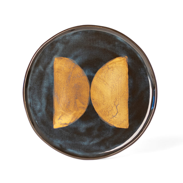 Geometria Platter 28 over 12 — one-of-a-kind hand-built stoneware platter in deep blue-black with two gold half-moon forms facing each other, hand-glazed in Detroit by J Schatz.