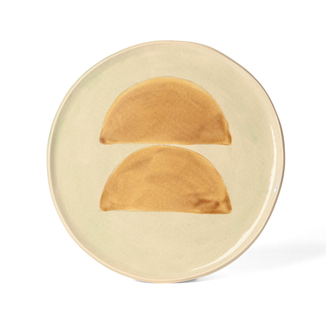 Geometria Platter 30 over 40 — one-of-a-kind hand-built stoneware platter in soft cream with two stacked amber half-moon forms, hand-glazed in Detroit by J Schatz.