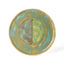 Geometria Platter 33/40 over 25 — one-of-a-kind hand-built stoneware platter in teal and ochre with a central two-tone orb in dusty mauve and jade green, hand-glazed in Detroit by J Schatz.