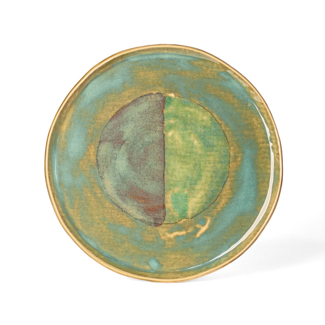 Geometria Platter 33/40 over 25 — one-of-a-kind hand-built stoneware platter in teal and ochre with a central two-tone orb in dusty mauve and jade green, hand-glazed in Detroit by J Schatz.