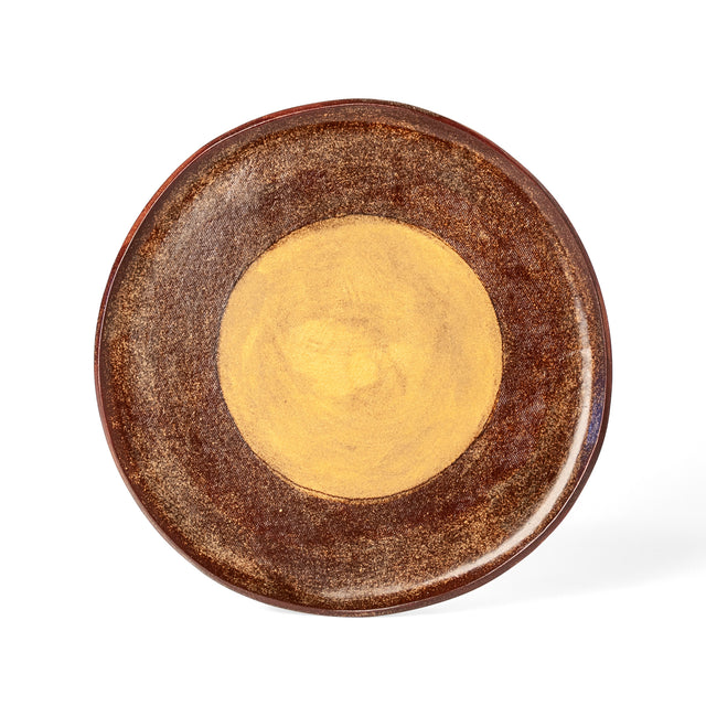 Geometria Platter 40 over 30 — one-of-a-kind hand-built stoneware platter in warm rust and umber with a central gold disc, hand-glazed in Detroit by J Schatz.