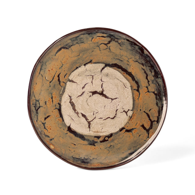 Geometria Platter 43 over 46 — one-of-a-kind hand-built stoneware platter in mottled bronze and rust with a crackled cream disc at center, hand-glazed in Detroit by J Schatz.