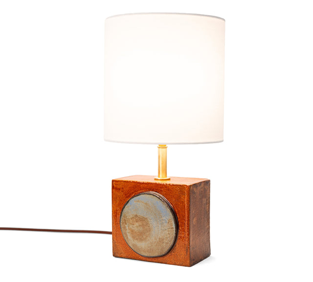 Geometria brick lamp 1, angled view of the rust glazed stoneware base, by Jim Schatz, J Schatz
