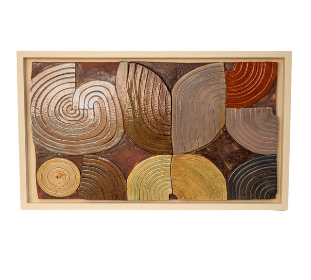 Geometria Tile Mural 2, two stoneware tiles in relief with concentric arcs and a spiral in a wood frame, by Jim Schatz, J Schatz