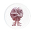Brown oxide transfer of a seated figure with knees drawn up and arms wrapped on stoneware Gestures plate, J Schatz.