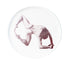 Brown oxide transfer of a standing backbend folded to the feet on stoneware Gestures plate, J Schatz.