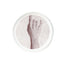 Brown oxide transfer of a raised forearm and open hand on stoneware Gestures plate, J Schatz.