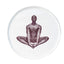Brown oxide transfer of a seated figure with soles together on stoneware Gestures plate, J Schatz.