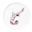 Brown oxide transfer of a shoulder stand with one leg extended on stoneware Gestures plate, J Schatz.
