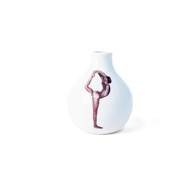 Brown oxide transfer of a standing backbend with foot drawn overhead on porcelain Gestures bud vase, J Schatz.