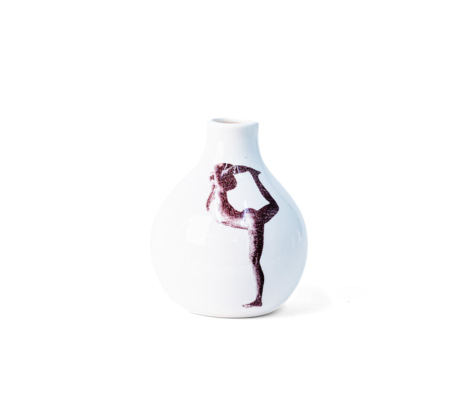Brown oxide transfer of a standing backbend with leg raised behind on porcelain Gestures bud vase, J Schatz.