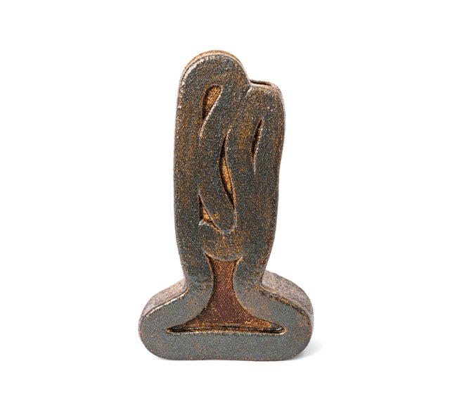 Ribbon vessel 2, a gunmetal glazed stoneware figure on a foot, by Jim Schatz, J Schatz