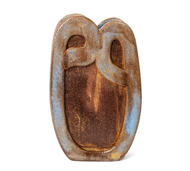 Ribbon vessel 4, rust glazed stoneware with a doubled top edged in pale blue, by Jim Schatz, J Schatz