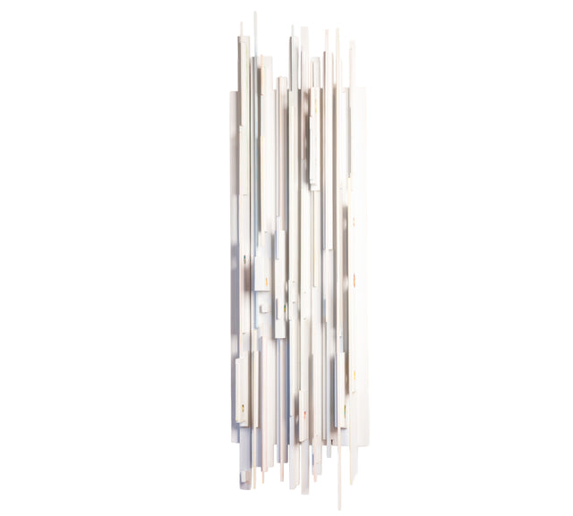 Tall wood, acrylic, and watercolor wall sculpture, 84 inches high, J Schatz