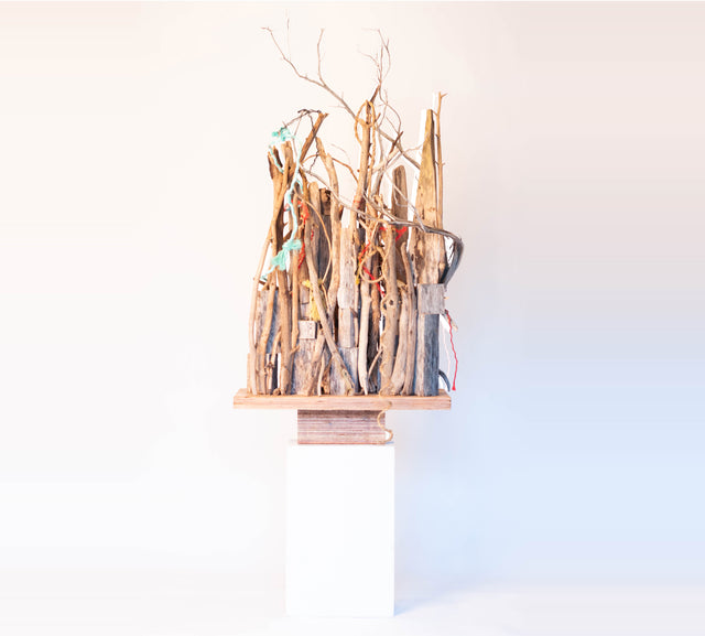Standing assemblage of driftwood, found glass spheres, rope, and watercolor, J Schatz