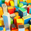 Wall sculpture, detail of painted forms standing in for a city block, J Schatz