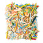 Wall work of layered painted wood offcuts in blue, orange, green, and yellow, J Schatz