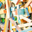 Detail of painted wood blocks and strips crossing in relief, J Schatz