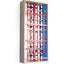 Wall sculpture, detail of stacked painted wood forms, J Schatz