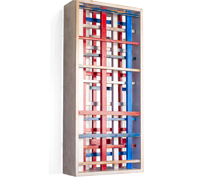 Wall sculpture, detail of stacked painted wood forms, J Schatz