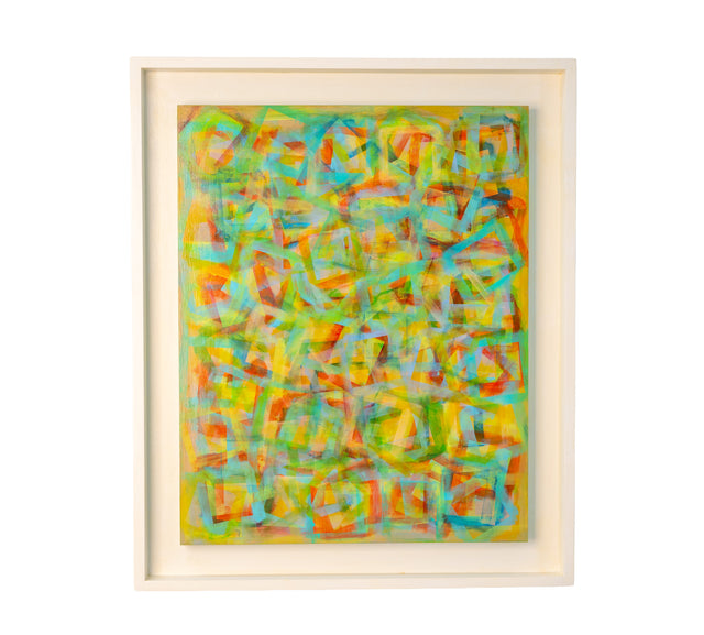 Framed painting of layered acrylic and watercolor in orange, green, blue, and yellow over wood, J Schatz