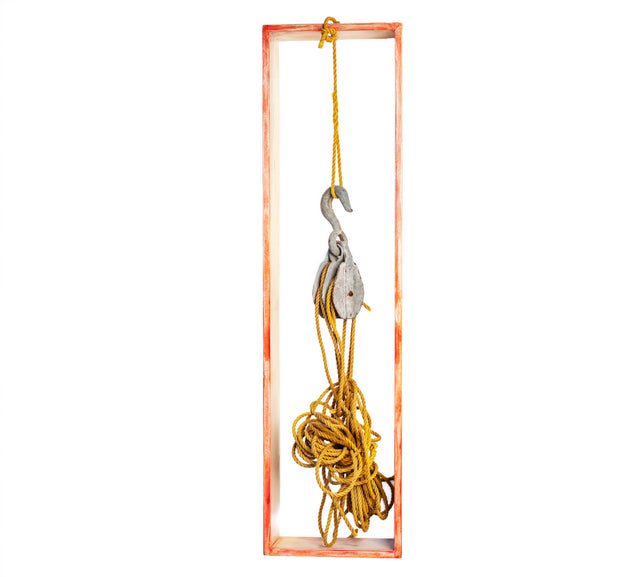 Tall vertical wall sculpture in wood, rope, pulley, and acrylic, J Schatz