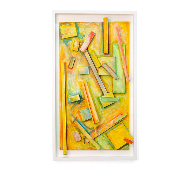 Framed wall work with painted wood blocks and slats in relief over a yellow, green, and orange washed panel, J Schatz