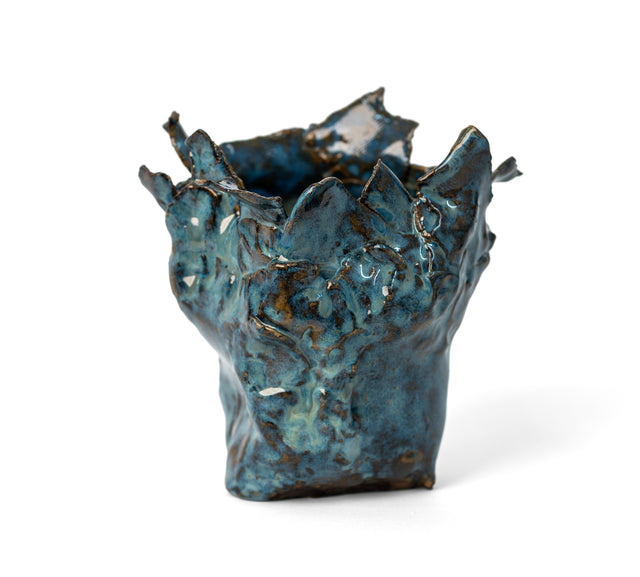Blue-glazed stoneware vessel, alternate view of the crumpled body and torn peaks, by Peter Souza Jr., J Schatz